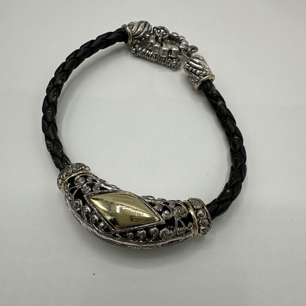 Costume Jewelry Bracelet Braided Black Leather Silver Tone Bead Ornate Toggle